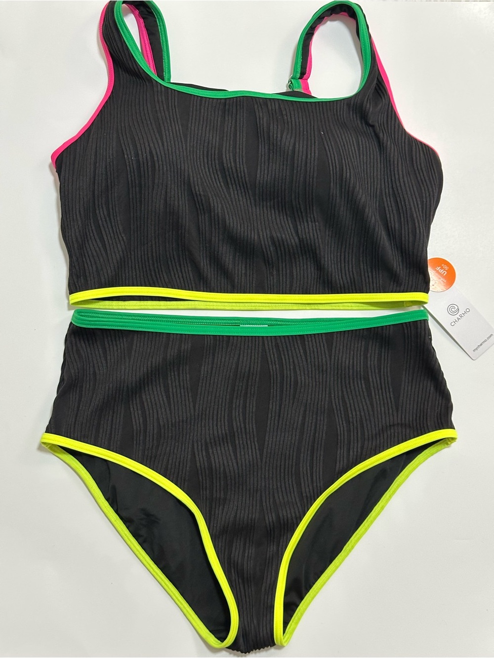 Black Ribbed Two-Piece Bikini with Neon Trim